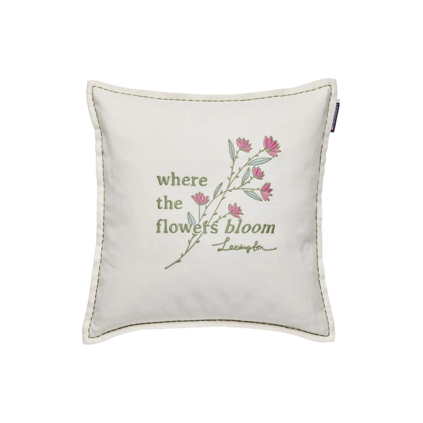 Flowers Bloom Linen/Cotton Cushion Cover, white/eucalyptus/pink