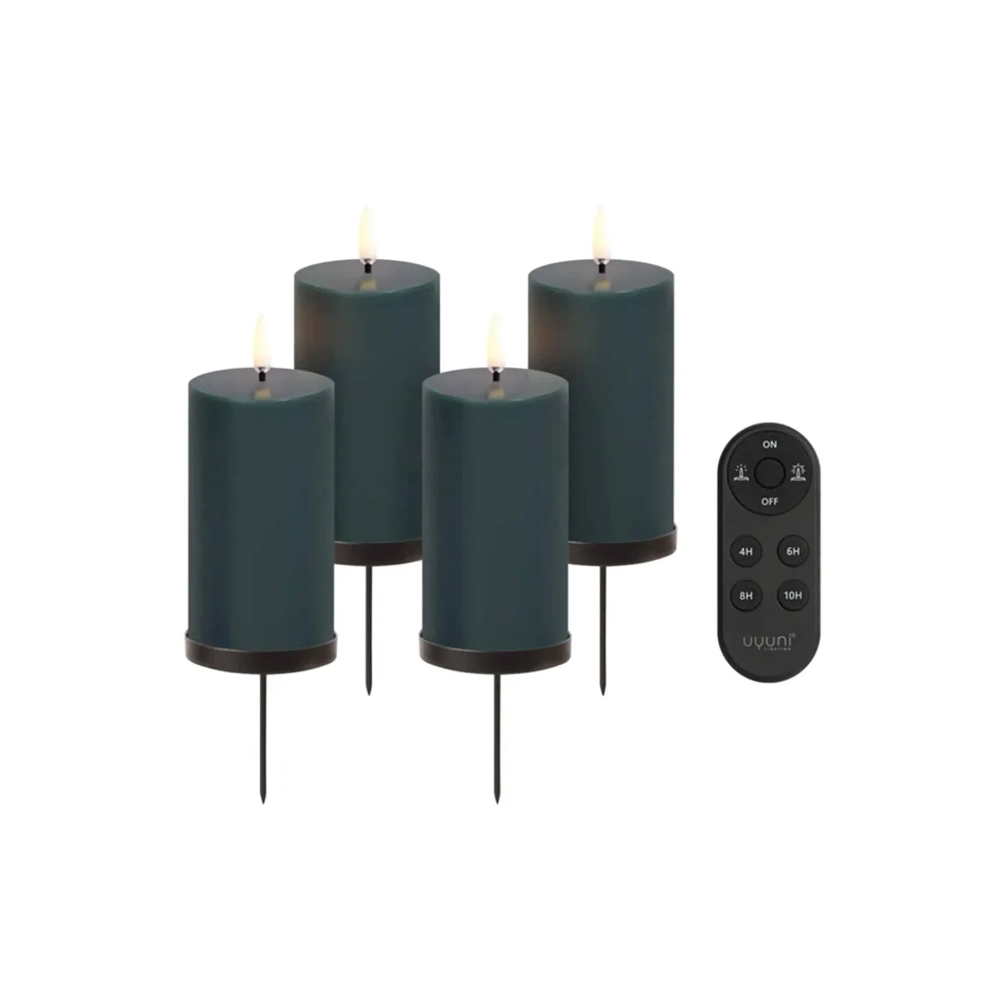 Giftbox w. spike, remote, LED pillar candle 4-pack, pine green